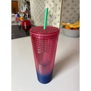 🌈 Starbucks 2022 Pink & Blue Gradient Grid Cold Cup Tumbler 24oz W/ Lid & Straw